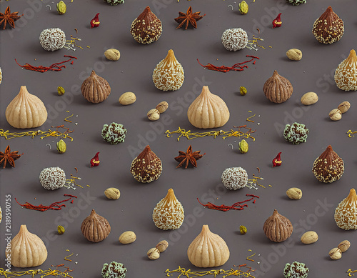 Assorted Indian Sweets And Chocolate Truffles With Nuts And Spices On Gray Background