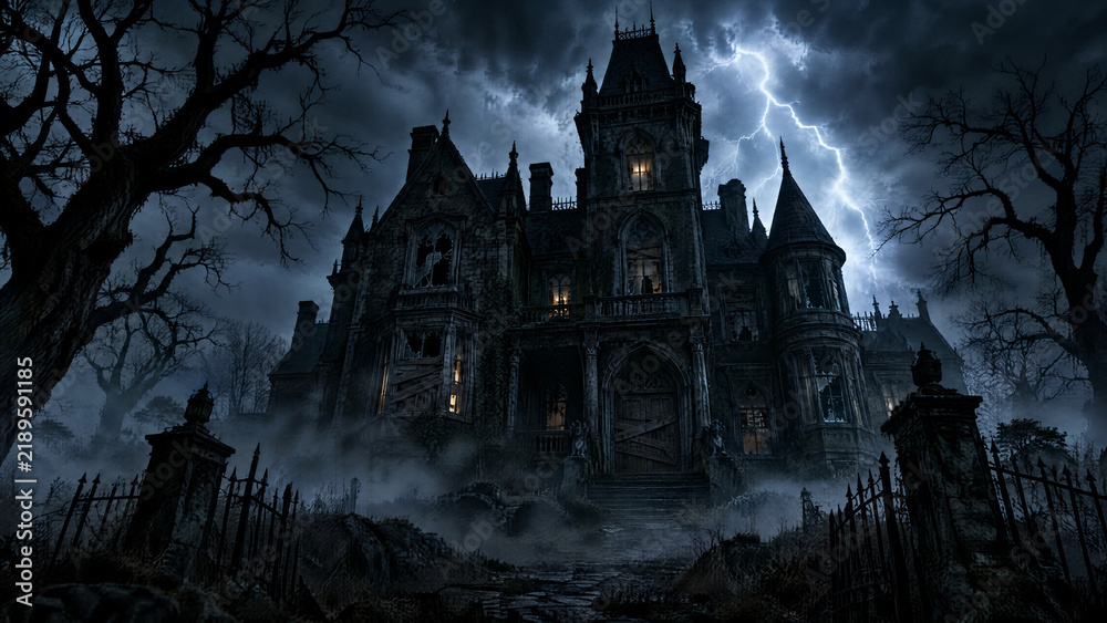 Obraz premium Dark Gothic Haunted Mansion, spooky Victorian house with glowing windows, dramatic lightning storm, eerie mist, and bare trees, perfect for horror themes