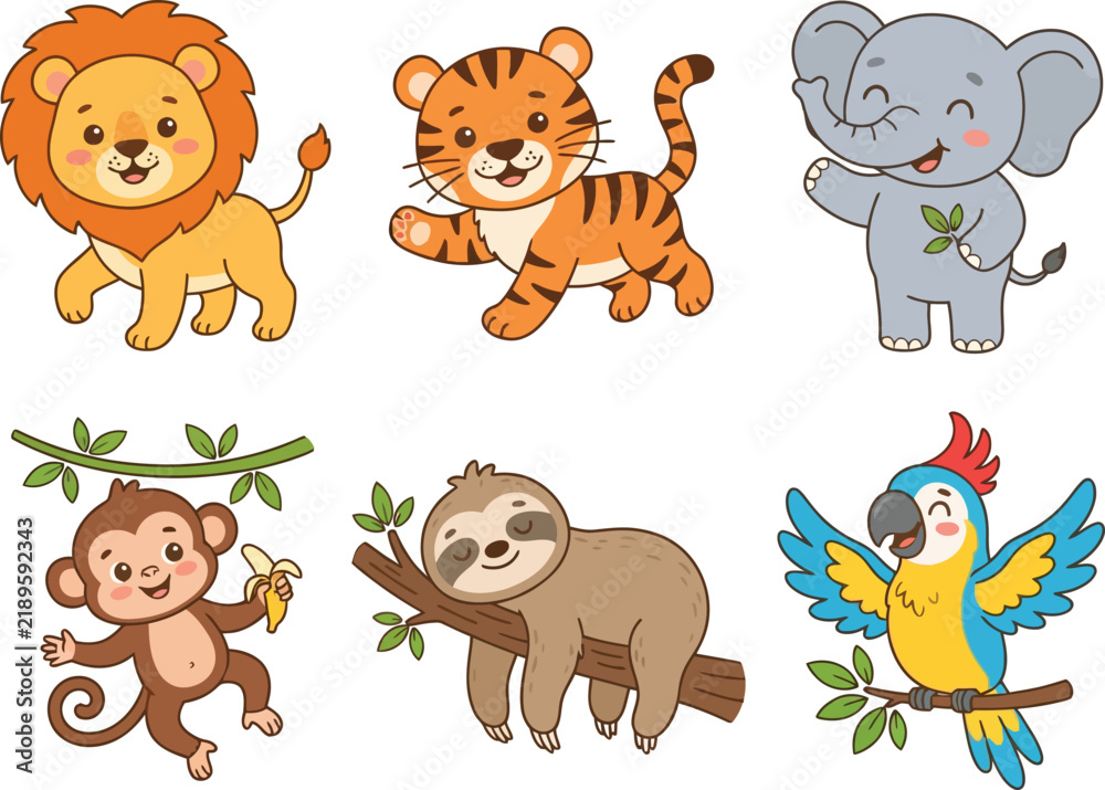 Fototapeta premium A collection of cute cartoon jungle animals including a lion tiger elephant monkey sloth and parrot.