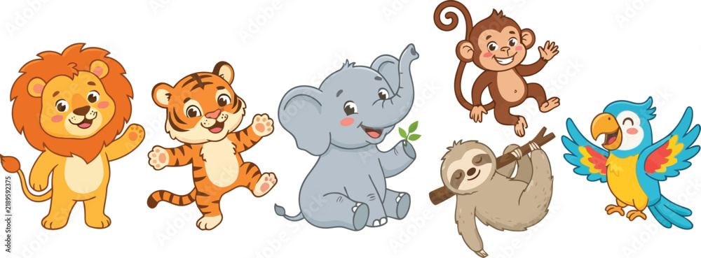 Fototapeta premium A collection of cute cartoon jungle animals including a lion tiger elephant monkey sloth and parrot.