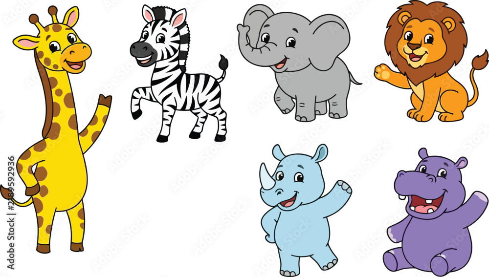 Fototapeta premium A collection of cute cartoon wild animals including a giraffe zebra elephant lion rhino and hippo.