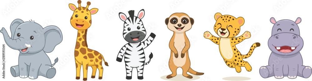 Fototapeta premium A collection of cute cartoon safari animals standing in a row.