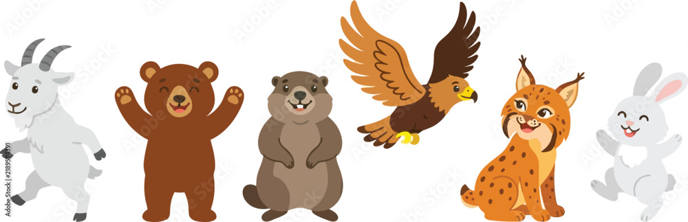 Fototapeta premium A collection of cute cartoon forest animals including a goat bear beaver eagle lynx and rabbit.