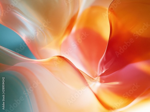 Abstract 3D render of flowing fluid waves in orange and pink