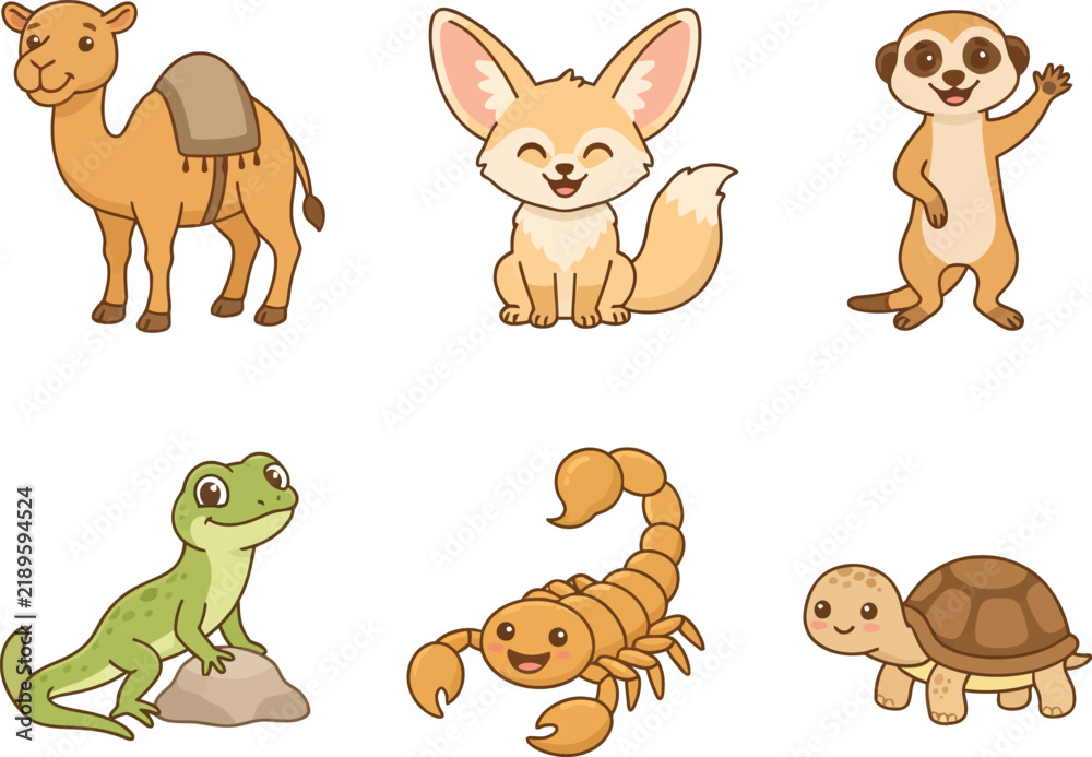 Obraz premium Set of cute cartoon desert animals including camel fennec fox meerkat lizard scorpion and turtle.