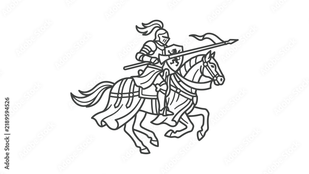 Obraz premium Medieval Knight on Horseback with Lance - Line Art Vector Illustration