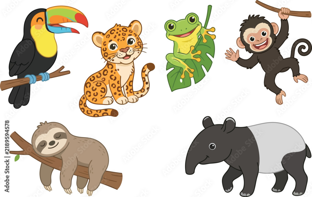 Fototapeta premium A collection of cute cartoon rainforest animals including a toucan leopard frog monkey sloth and tapir.
