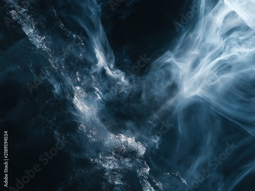 Abstract dark blue background with fluid textures and wispy smoke
