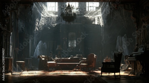 Dark abandoned room with old furniture cobwebs morning light ghostly figures haunting spooky eerie atmosphere gothic interior