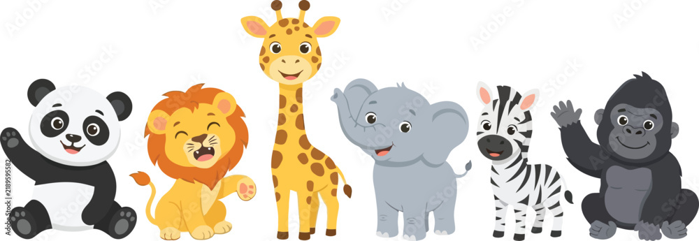 Obraz premium A group of cute cartoon wild animals standing together in a row.