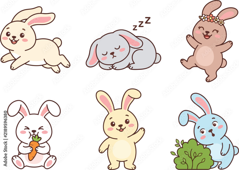 Fototapeta premium A collection of six cute cartoon rabbits in various poses and activities.