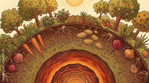 Folk Art Cross Section Illustration of Soil Layers with Growing Crops