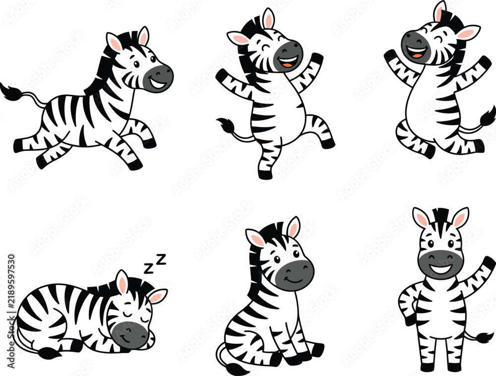 Obraz premium A collection of six cute cartoon zebra illustrations in various poses and expressions.