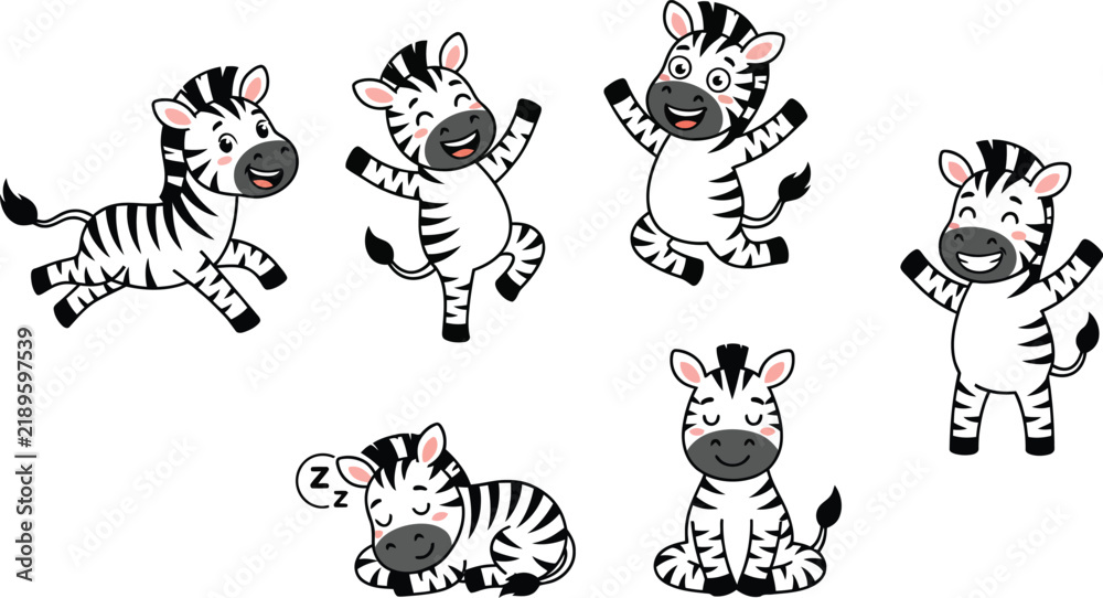 Obraz premium A collection of cute cartoon zebra characters in various poses and expressions.