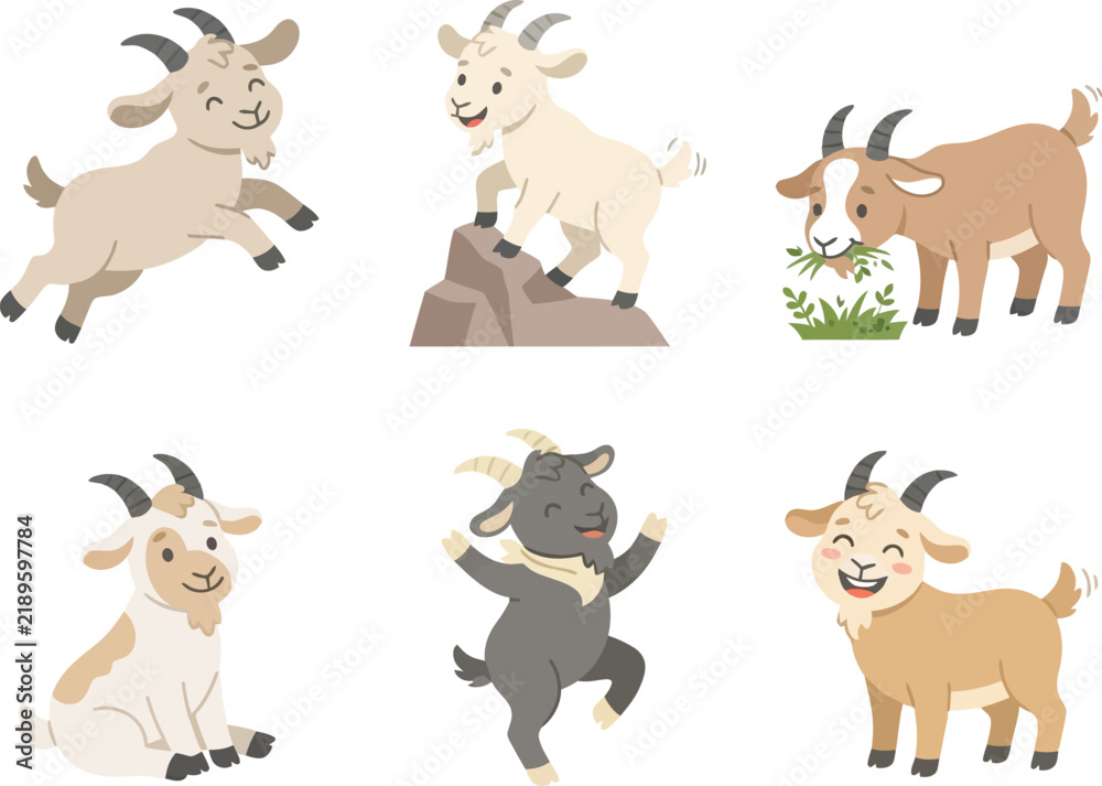Obraz premium A collection of six cute cartoon goats in various playful poses and activities.
