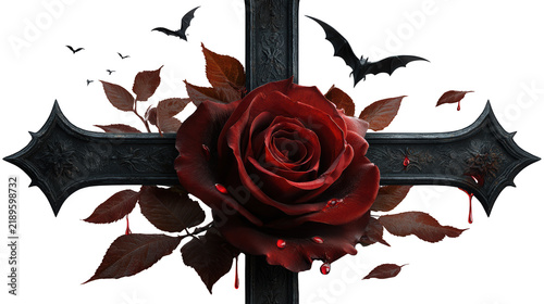 Gothic cross with red rose, bats and blood drops