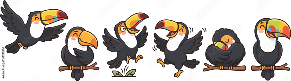 Fototapeta premium A collection of cute cartoon toucan birds in various playful poses and expressions.