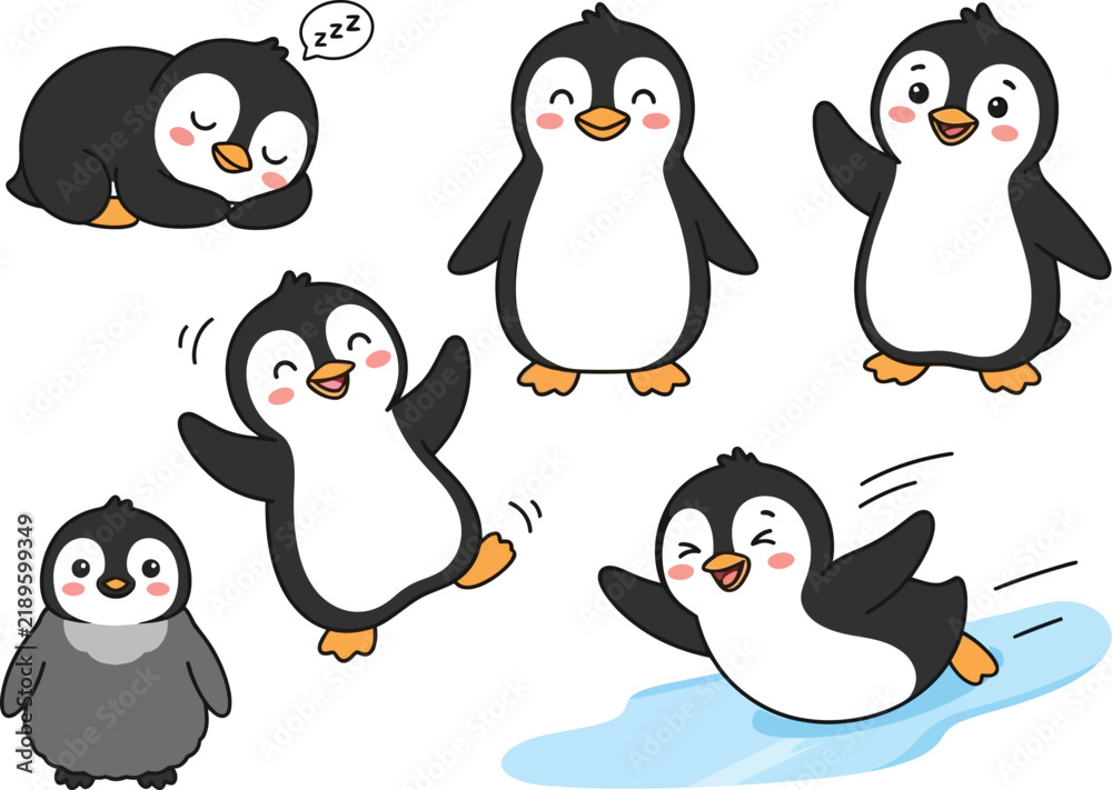 Fototapeta premium A collection of cute cartoon penguins in various playful and adorable poses.