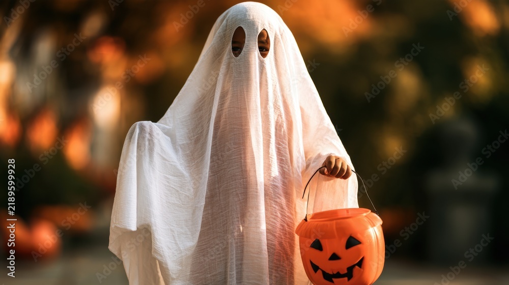 Obraz premium Child dressed as ghost wearing white sheet costume holding orange pumpkin bucket for trick or treating outdoors in autumn evening