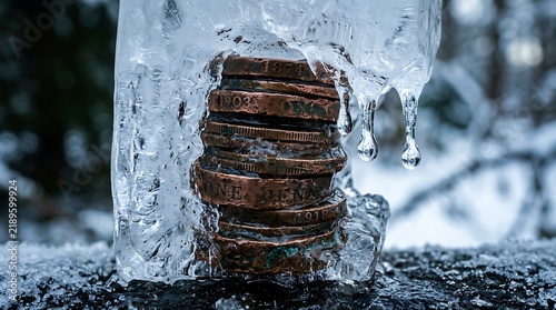 Frozen UK Penny Coins Stack Encased in Ice with Dripping Icicles