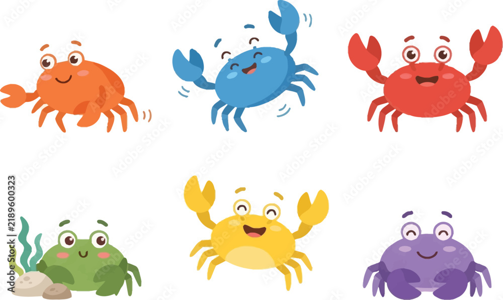 Fototapeta premium A collection of six colorful and cheerful cartoon crabs with different expressions and poses.