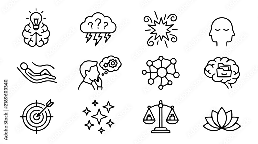 Obraz premium Vector illustration of mental wellness icon set featuring brain therapy stress management emotional balance lotus meditation mindfulness target focus and logical thinking concepts