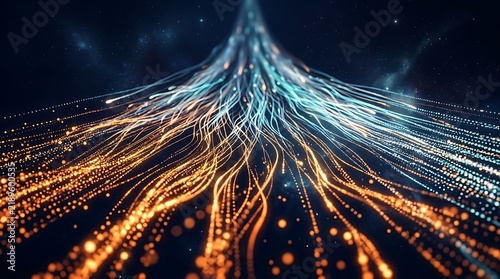 Abstract digital background featuring glowing orange and blue light trails converging into a central data stream