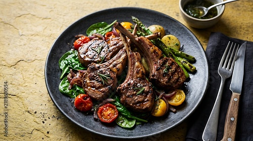 Grilled lamb chops served with roasted potatoes and fresh green vegetables on a dark rustic plate
