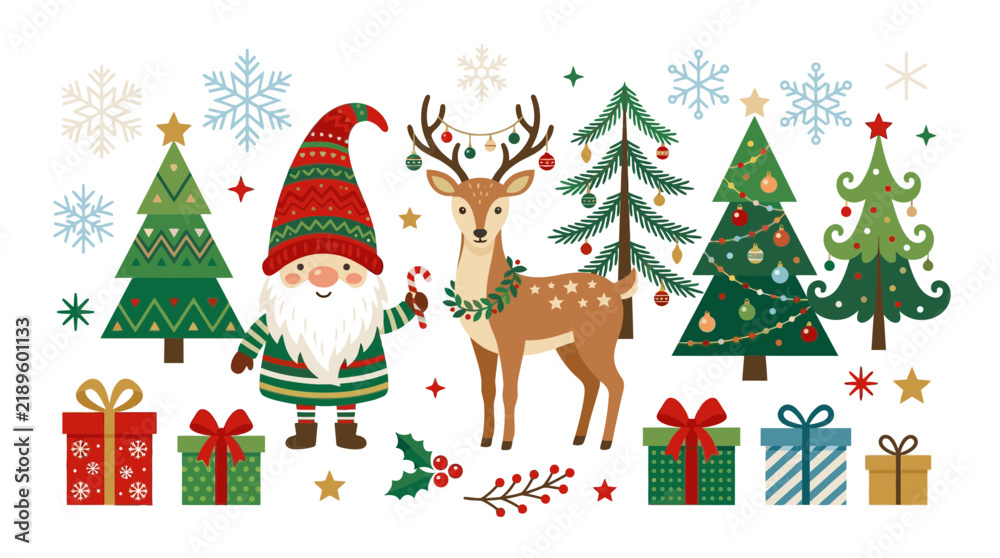 Naklejka premium Christmas Gnome, Reindeer, Trees, Gifts, Snowflakes Vector Illustration