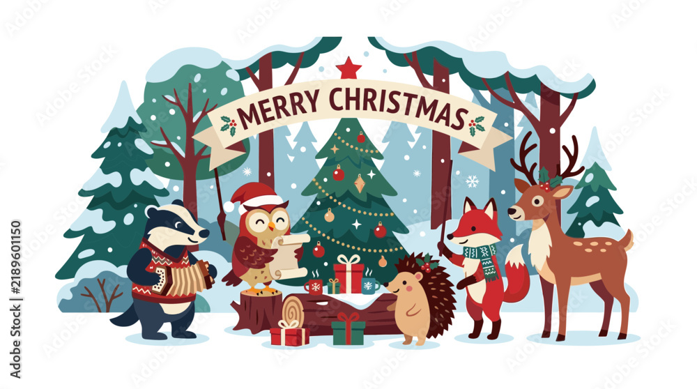 Fototapeta premium Cute Woodland Animals Celebrate Christmas in Snowy Forest
