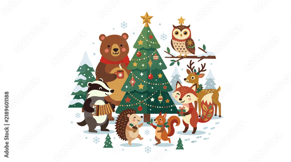 Fototapeta premium Cute Forest Animals Celebrate Christmas Around a Decorated Tree