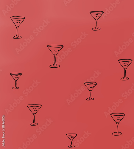 Seamless Pattern Illustration with Martini Glasses on Red Background, Hand Drawn Cocktail Line Art Repeat Texture