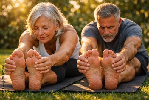 Outdoor couple stretching in park, mature fitness routine, relaxed wellness lifestyle