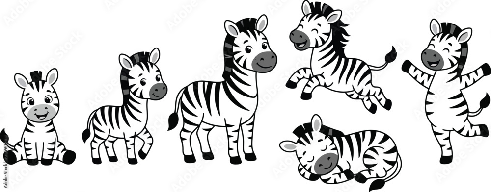 Obraz premium A collection of cute cartoon zebras in various poses and expressions.