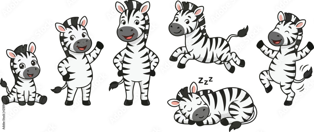 Obraz premium A collection of cute cartoon zebra characters in various poses and activities.