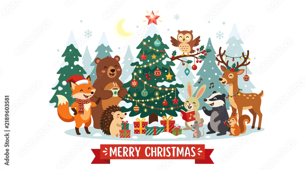 Fototapeta premium Cute Forest Animals Celebrating Christmas Together