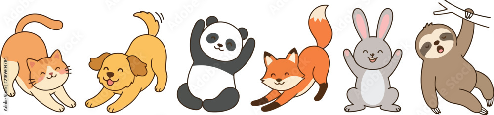 Fototapeta premium A collection of cute cartoon animals including a cat dog panda fox rabbit and sloth.