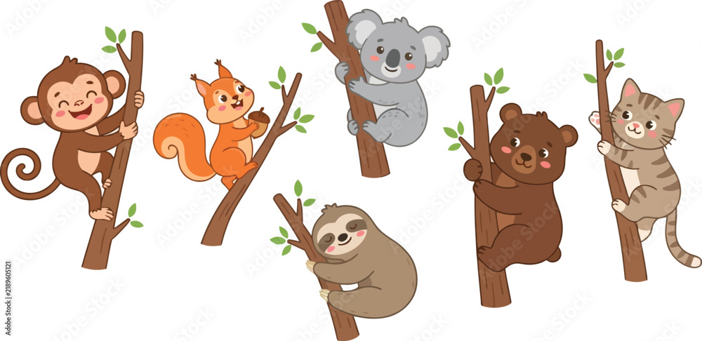 Obraz premium A collection of cute cartoon animals climbing on tree branches.