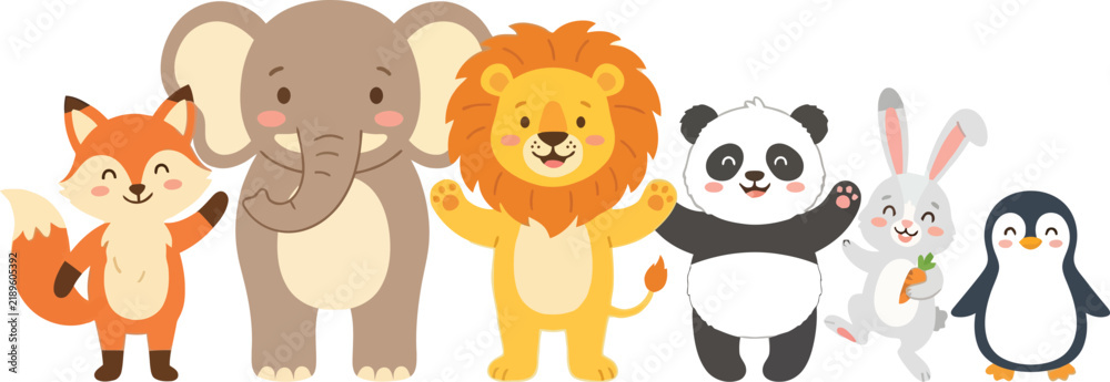 Fototapeta premium A group of cute cartoon animals standing together in a friendly row.