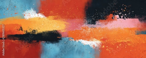 Abstract paint strokes layered on wide canvas, vibrant colors, energetic urban street art