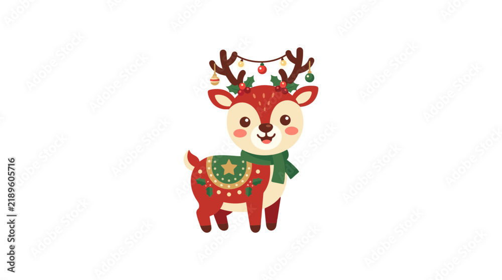Fototapeta premium Cute Cartoon Reindeer with Christmas Lights and Scarf