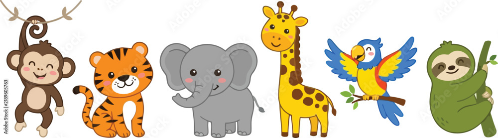 Fototapeta premium A collection of cute cartoon jungle animals including a monkey tiger elephant giraffe parrot and sloth.