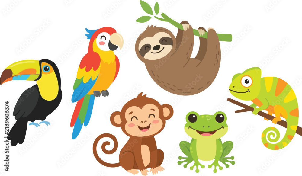 Naklejka premium A collection of cute cartoon rainforest animals including a toucan parrot sloth monkey frog and chameleon.