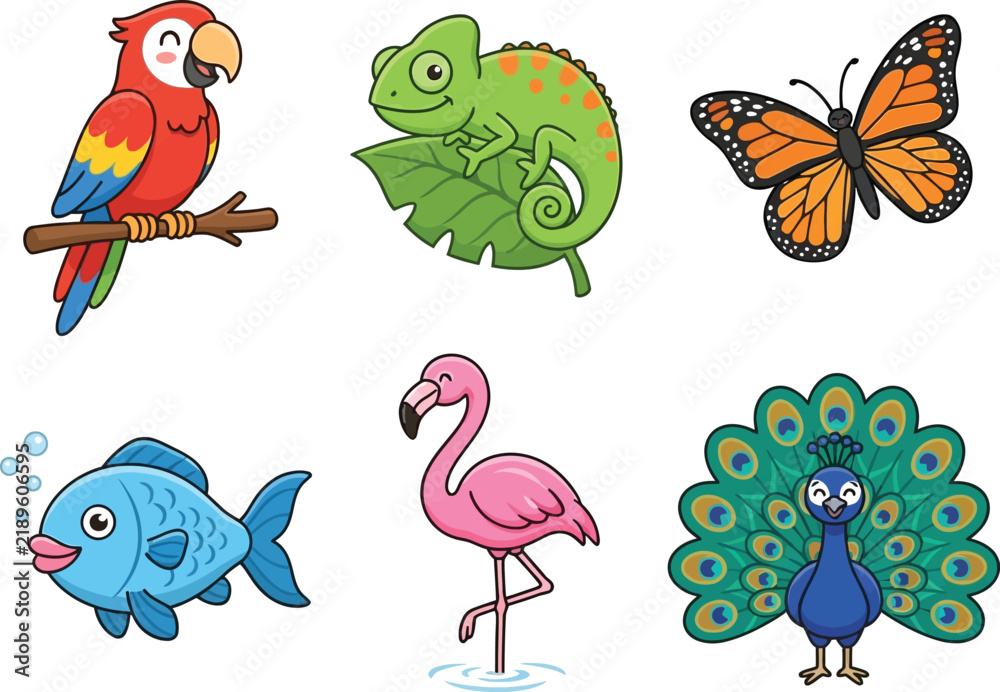 Fototapeta premium A collection of colorful cartoon animals including a parrot chameleon butterfly fish flamingo and peacock.