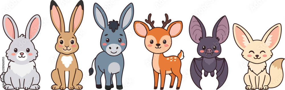Obraz premium A collection of cute cartoon animals featuring a rabbit hare donkey deer bat and fennec fox.