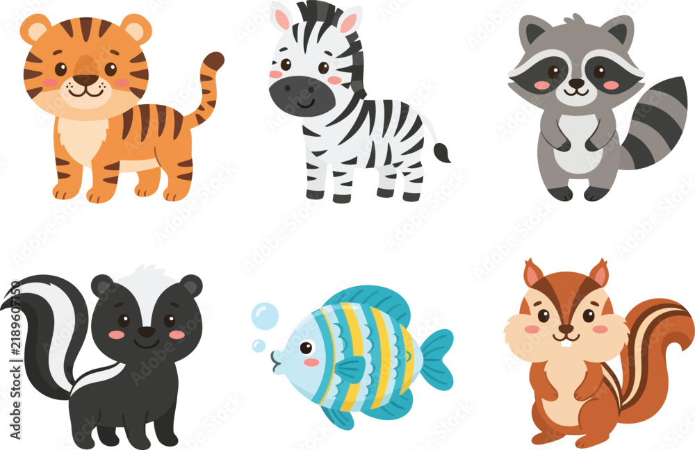 Fototapeta premium A collection of six cute cartoon animals including a tiger zebra raccoon skunk fish and squirrel.