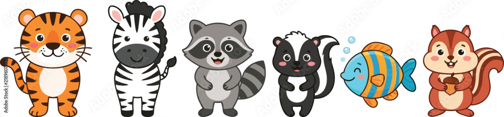 Obraz premium A collection of cute cartoon animals including a tiger zebra raccoon skunk fish and squirrel.