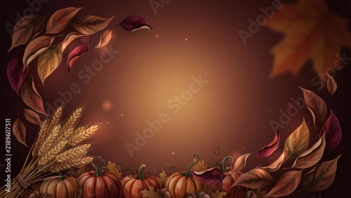 Autumnal border with pumpkins, wheat sheaves, and falling leaves