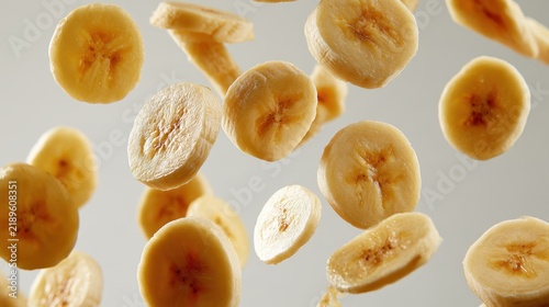 Floating slices of fresh ripe banana isolated on light background in mid-air with soft natural lighting, ideal for healthy snack or fruit concept