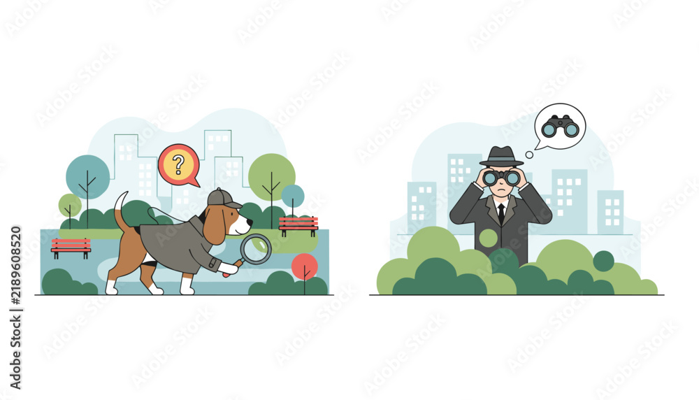 Fototapeta premium Professional detective dog with magnifying glass and investigator with binoculars looking for clues in the park.
